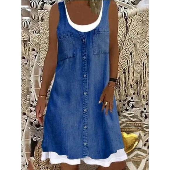 SHEIN Women's Blue Polyester Scoop Neck Sleeveless Knee Length Dress Size Large - Picture 10 of 10